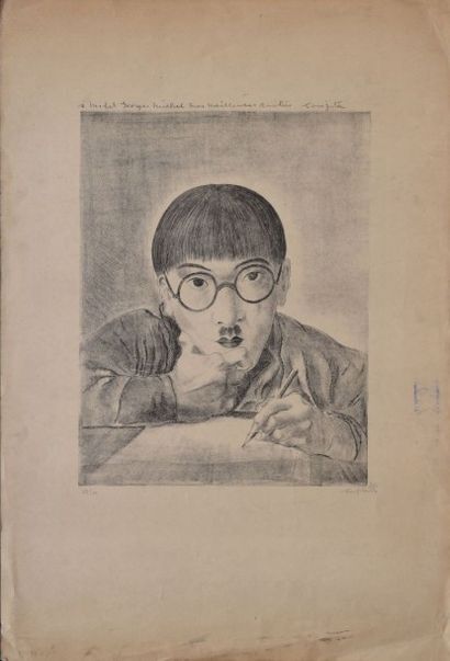 FOUJITA Tsuguharu, 1886-1968 Autoportrait dessinant, circa 1926 lithographie en noir...