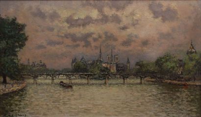 HAMBOURG André, 1909-1999 Le pont des Arts au printemps huile sur toile (léger enfoncement),...