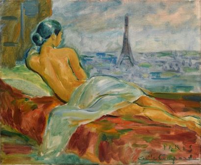 COMPARD Émile, 1900-1977 Odalisque devant la Tour Eiffel huile sur toile (restauration),...