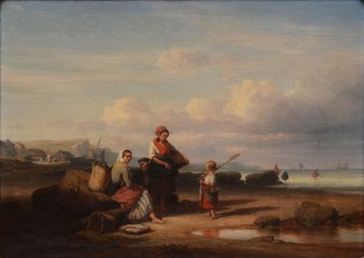 COTELLE Adrien, XIXe siècle Famille de pêcheurs sur la grève à marée basse, 1842...