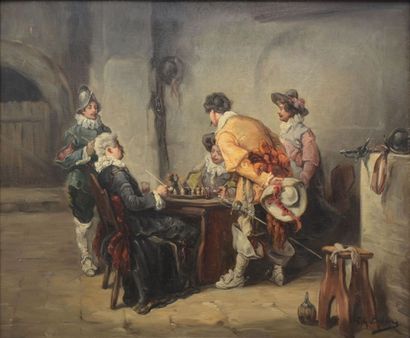 BALDERO Luigi G., XIXe-XXe siècle La partie d'échecs dans une taverne huile sur toile,...