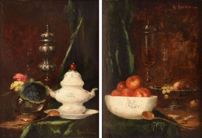 BARRIER Gustave, 1871-1953 Théière et bouquet - Cuillère et fruits paire d'huile...