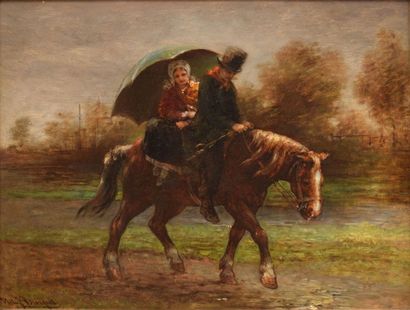 BURGERS Hendricus Jacobus, 1834-1899 Couple à cheval huile sur panneau (petites restaurations...