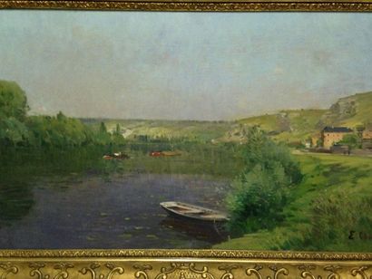 CLARY Eugène (1856-1929) Barque et péniche sur la seine près des Andelys Huile sur...