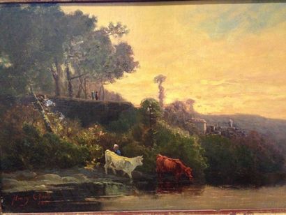FLEURY CHENU Augustin, 1833-1975 Vaches au bord du fleuve, 1861 Huile sur toile,...