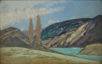 GROSJEAN Henri, 1864-1948 La rivière d'Ain près du pont de la Pyle peinture sur papier...