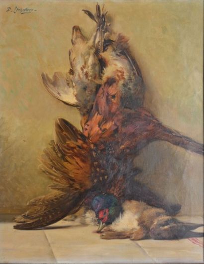 ETCHEVERRY Denis, 1867-1950 Faisan et lièvre huile sur toile, signée en haut à gauche...