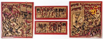 null Quatre panneaux en bois laqués or, rouge et brun, à décor de scènes diverses...