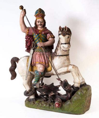 null Saint Georges terrassant le dragon en bois sculpté et polychromé. Sur un cheval...
