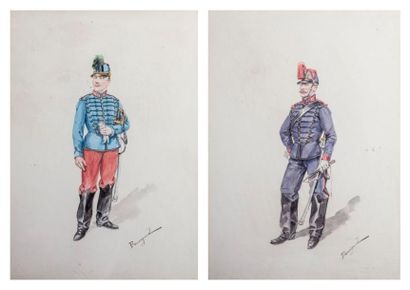 BEAUGARD Actif au XIXe siècle 1 - Portrait d'un officier de cavalerie en veste bleue...