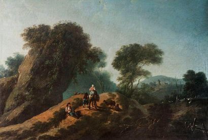 PILLEMENT Jean Lyon 1728 - id.; 1808 Paysage boisé au rocher avec bergers en chemin...