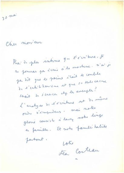 null LETTRE AUTOGRAPHE DE JEAN COCTEAU du 20 Mai 1953. Texte intéressant. "Cher Monsieur,...