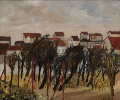 BARDONE Guy, né en 1927 Les toits à Eragny, 1956, huile sur toile, signée en bas...