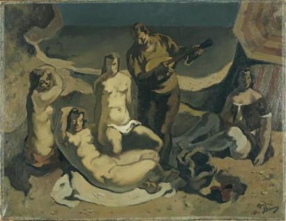 BOUEY André, 1898-1976 Musicien et baigneuse sur la plage Huile sur toile, signée...