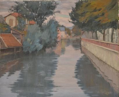 EDELMANN Auguste, 1879-1950 Rivière dans une ville Huile sur toile(accidents), signature...