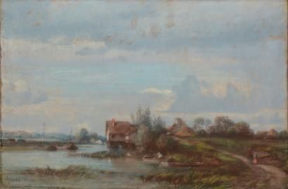 FLERS Camille, 1802-1868 Maisons et barques à la rivière Pastel(légers frottements...