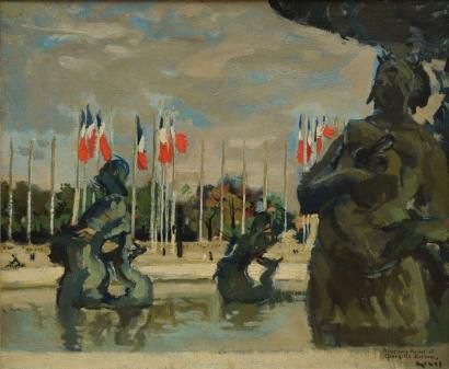 GÉNIS RENÉ, 1922-2004 Bassin aux Néréïdes et drapeaux tricolores, huile sur toile,...