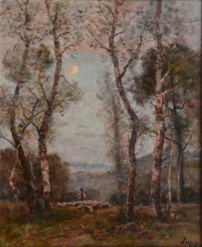 JAPY Louis, 1840-1916 Berger et son troupeau en forêt, huile sur toile(légères usures),...