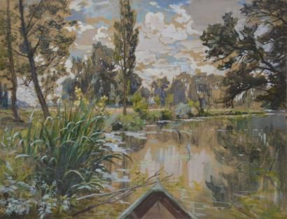 NOZAL Alexandre, 1852-1929 Promenade en barque sur l'Eure, aquarelle gouachée, non...