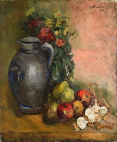 PALMEIRO José, 1901-1984 Cruche, fleurs et fruits, huile sur toile(petits accidents,...