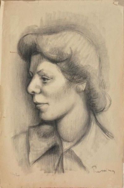 PRASSINOS Mario, 1916-1985 Femme de profil, 1942, dessin au fusain sur papier beige(insolation...
