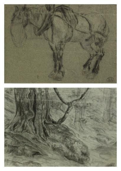 CREPIN Suzanne, 1880-1956 Cheval harnaché - Sous-bois 2 dessins au crayon gras et...