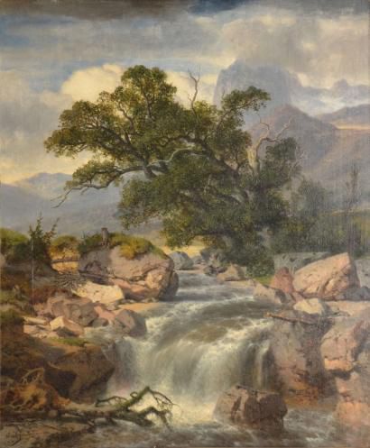 ZIMMERMANN Albert, 1808-1888 Torrent en montagne Huile sur panneau parqueté(légères...