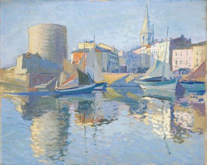 Paul MADELINE Le vieux port de La Rochelle Huile sur toile, cachet d'atelier au dos....