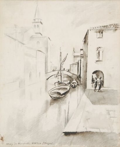 Henry de WAROQUIER Canal à Chioggia Crayon et lavis d'encre brune sur tissu, signé...