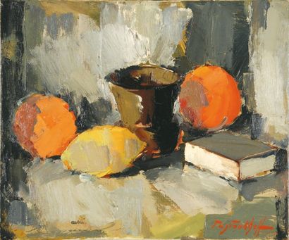 Boris PASTOUKHOFF Fruits et vase Huile sur toile, signée en bas à droite. 38x46c...