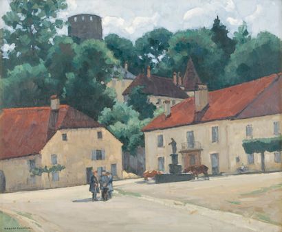 Robert FERNIER Place de village à Rupt-sur-Saône, 1945 Huile sur toile, signée en...