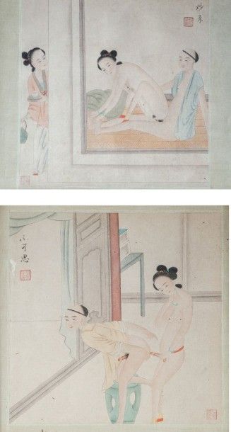 null Deux estampes réhaussées représentant des scènes érotiques Chine, vers 1920....