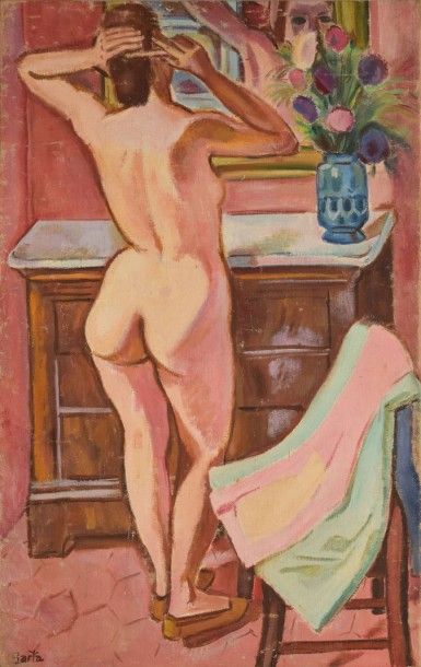 BARTA Laszlo, 1902-1961 Grand nu au miroir huile sur toile (usures et manques), signée...
