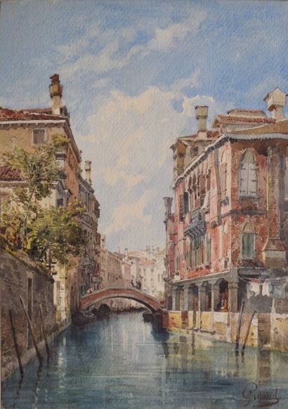 GUIAUD Jacques, 1810-1876 Canal à Venise, aquarelle (une piqûre), signée en bas à...