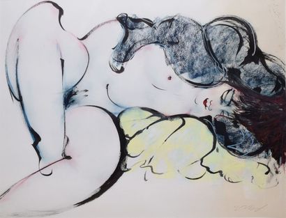 HAYASHI Toshiro, XXe siècle Nu allongé au coussin jaune plume et lavis d'encre noire...