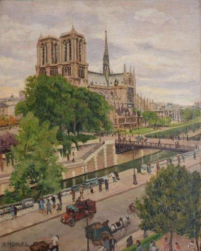 HOREL Albert, 1876-1964 Notre-Dame et les quais animés huile sur toile (petites craquelures),...
