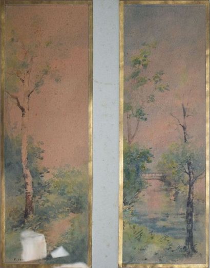 JAVEL Firmin, né en 1842 Bords de rivière deux aquarelles sous un même montage (insolation),...