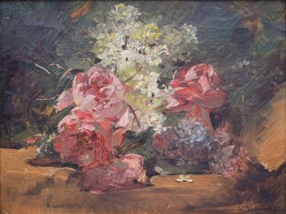 JEANNIN Georges, 1841-1925 Jeté de fleurs huile sur toile (craquelures et restaurations),...
