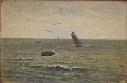 LA VILLETTE Élodie, 1843-1917 Voiliers et bouée en mer huile sur toile, signée en...