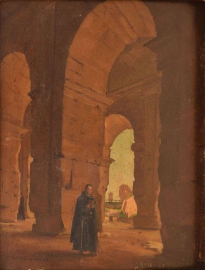 LARCHE Raoul, 1860-1912 Moine sous un portique au Colisée, Rome, 1883 huile sur panneau...