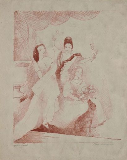 LAURENCIN Marie, 1883-1956 Jeunes femmes au bal lithographie couleur sanguine (salissures),...