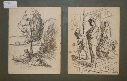 LUCE Maximilien, 1858-1941 Scène de théâtre - Bord de rivière aux enfants deux dessins...