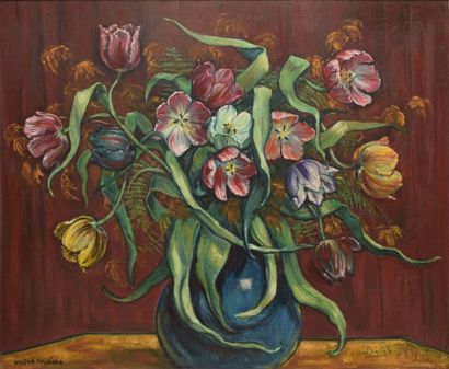 MAIRE André, 1898-1984 Tulipes au vase bleu huile sur panneau, signé en bas à gauche...