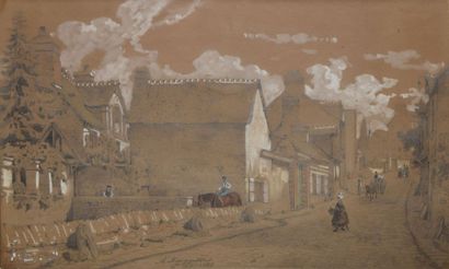 Rue à Saint-Lô, 1845 aquarelle gouachée sur papier beige (insolation), signé, situé...