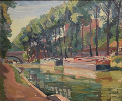 MENDJISKY Maurice, 1889-1951 Canal aux péniches huile sur toile, signée en bas à...