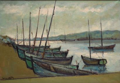 MONTET Maurice, 1905-1997 Voiliers sur la grève, 1967 huile sur toile, signée en...