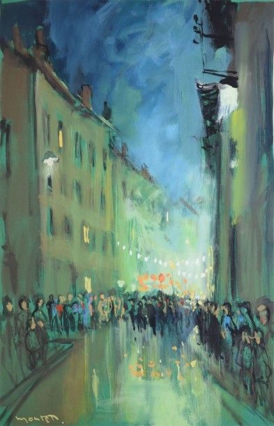 MONTET Maurice, 1905-1997 Défilé aux lampions dans une rue gouache, signée en bas...
