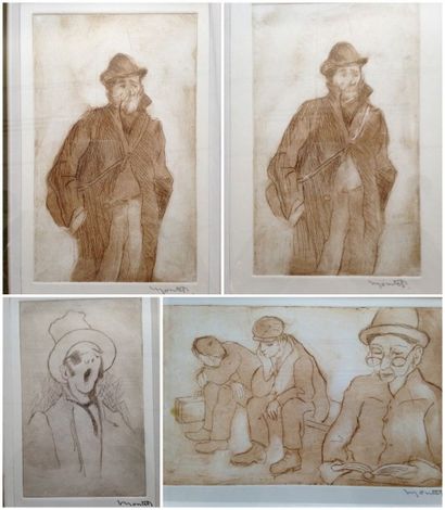 MONTET Maurice, 1905-1997 Ouvriers et indigents Suite de 4 gravures à l'encre brune,...