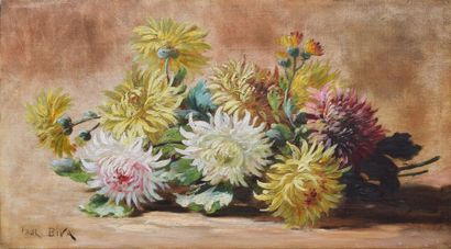 BIVA Paul, 1851-1900 Jeté de chrysanthèmes huile sur toile, signée en bas à gauche...