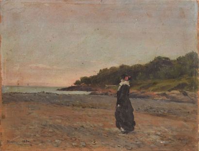 BETHUNE Gaston, 1857-1897 Élégante sur la plage, Menton, 1880 huile sur panneau (petits...